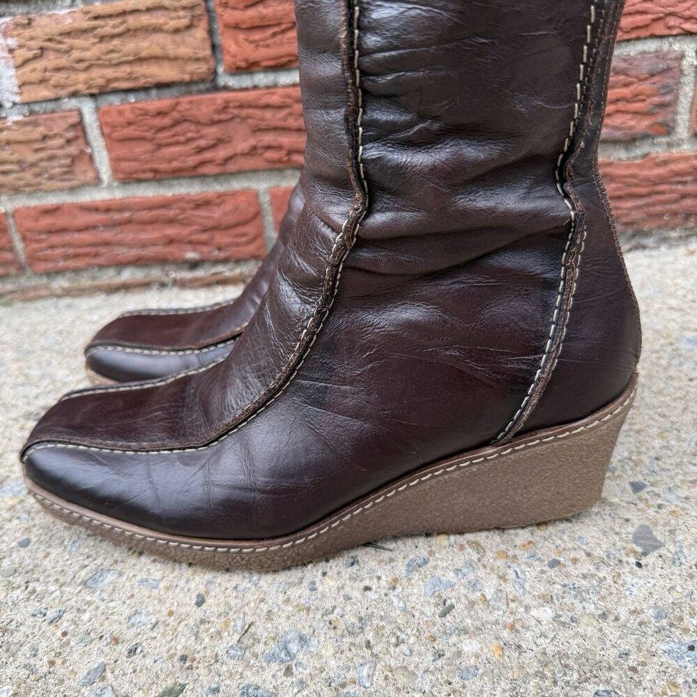 Vintage Brown Leather Wedge Boots Womens IT 39 US 8.5 Knee High Square Toe Y2K - Picture 5 of 15